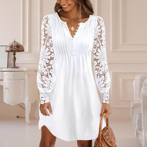 Fashion Solid Loose A-line Dress Women Elegant V-Neck
