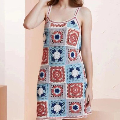 Women Vacation Beach Crochet Spaghetti Strap Midi Cami Dress