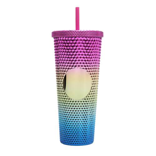 跨境双层塑料吸管杯Double layer plastic straw cup电镀手榴莲杯