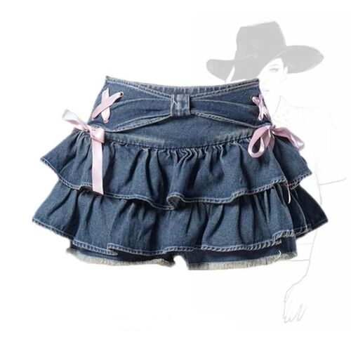 Blue Denim Pleated Skirt Bow Fold Design Womens A-line Shor