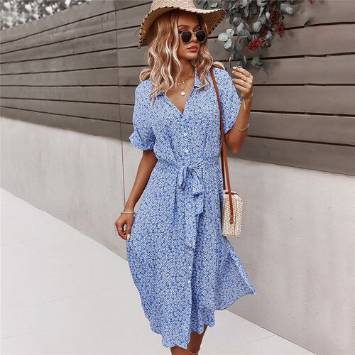 2022 Women Floral Dress Summer Casual Short Sleeve Button Ho