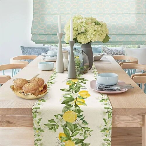 Spring Summer Lemon Flower Leaves Linen Table Runner Dresser
