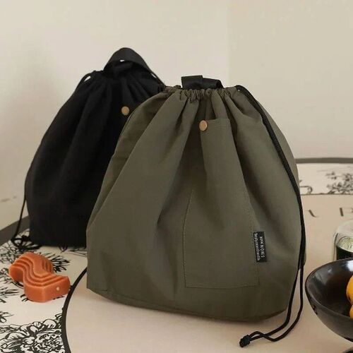 Lunch Bag Cotton Canvas Large Solid Color Drawstring Portabl