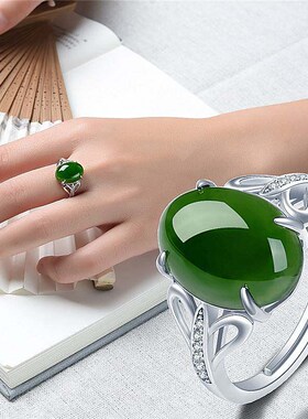 -Green agate open ring simple retro diamond ring men and wom