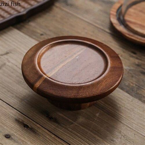 Acacia Wood Glass Lid Cake Tray Mini High Footed Dessert