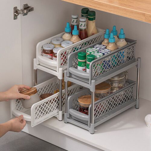 Double-layer Pull-out Storage Rack Plastic Kitchen Storage R
