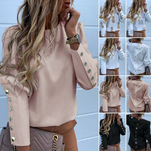 Fashion Work Wear Women Blouses Long Sleeve Back Metal Butto