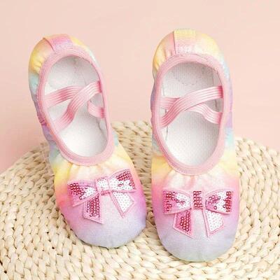 Childrens Dance Shoes Girls Ballet Flats Shoes Rainbow Bow