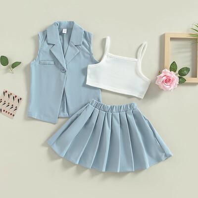 3-7Y Kids Girls Skirt Suits Children Sleeveless Lapel Blazer