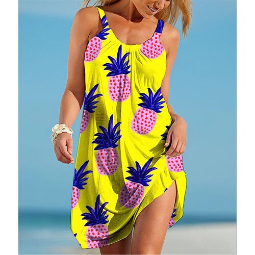 Digital Printed Fruit Casual Relaxed Waist Strappy Dress 3D