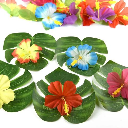 Tropical Monstera Palm Leaves Hibiscus Flower Hawaiian Luau