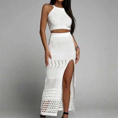 New Style Knitting Solid Color Tank Top Texture Slit Dress