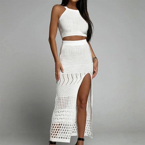 New Style Knitting Solid Color Tank Top Texture Slit Dress