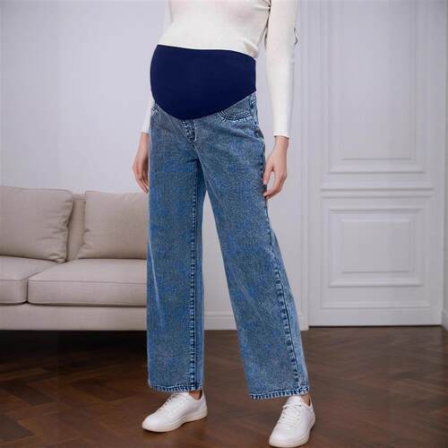 Maternity jeans pregnant woman belly casual wide leg pants裤