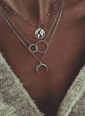 New Fashion Retro Moon World Map Circle Pendant Multilayer G