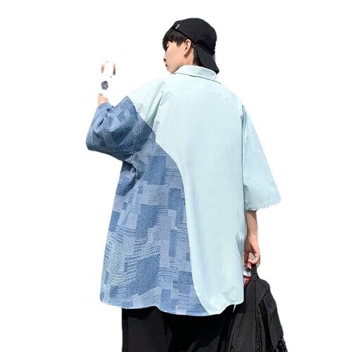 Stitching Contrast Color Short-sleeved Shirt Mens Summer Ho