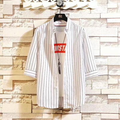 Summer Mens Striped Lapel Mid-Sleeve Shirt tendy Teenagers