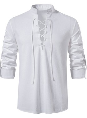 2023 New Mens Casual Blouse Cotton Linen Shirt Tops Long Sl