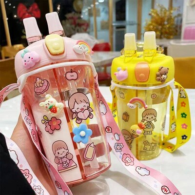 430ml Cute Children Double Drinking Water Bottle Straw Porta