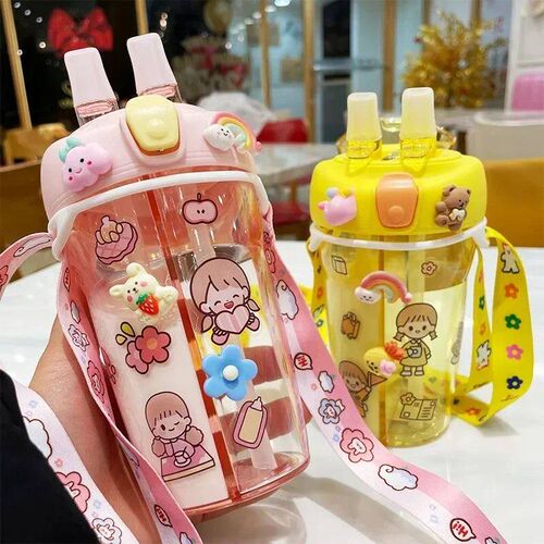 430ml Cute Children Double Drinking Water Bottle Straw Porta