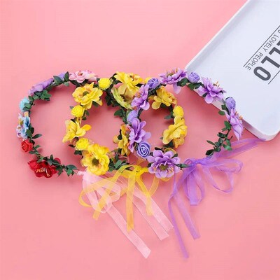 Adjustable Ribbon Flowers Leaves Headbands Girls Floral Wrea
