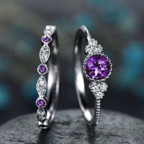 2Pcs/Set Classic Silver Plated Ring Green Blue Round Cut Cre
