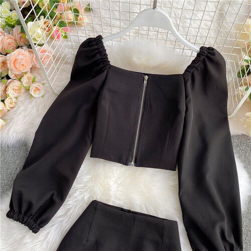 Women Mini Skirt Set New Spring Square Collar Plaid Crop ops