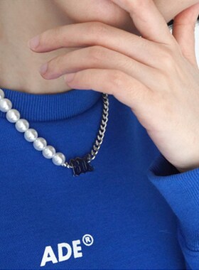Kpop M Letter Chain Stitching Pearl Necklace Men Women Tide
