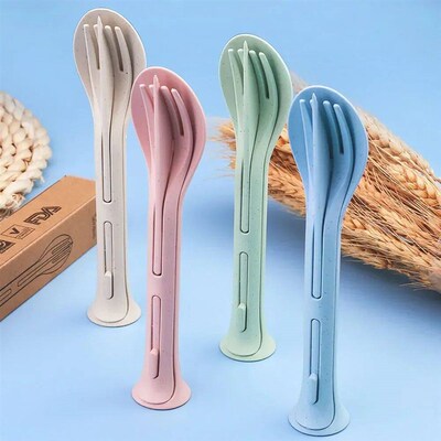 3PCS Portable Tableware Set Wheat Straw Dinnerware Detachabl