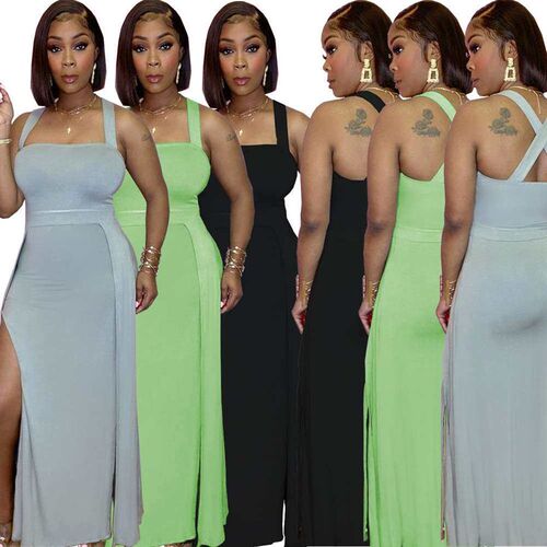 CQ121 Sexy Womens Solid Color Sling Slit Dress