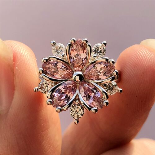 Cute Female Pink Crystal Stone Ring Charm Silver Color Thin