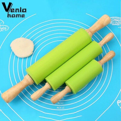 Non-Stick Silicone Rolling Pin Wooden Handle Pastry Dough Fl