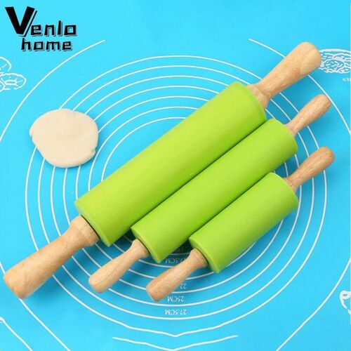Non-Stick Silicone Rolling Pin Wooden Handle Pastry Dough Fl