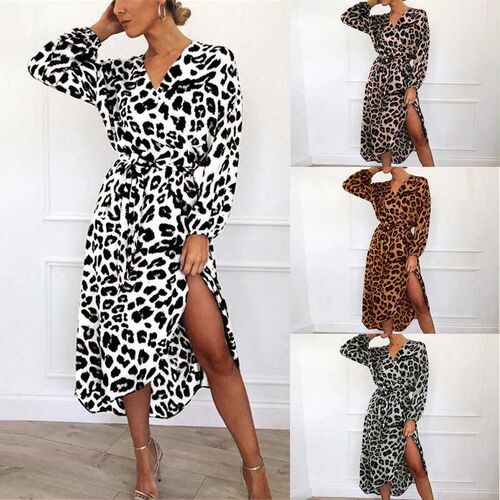 Leopard Deep V-neck Dress Women Chiffon Dresses 雪纺不规则裙