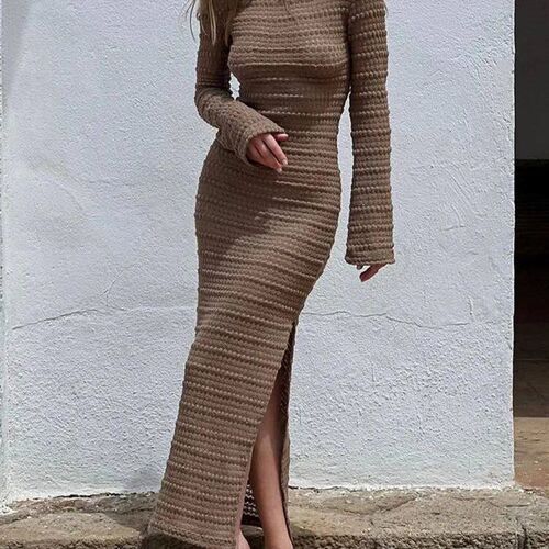 Fashion Knitted See Through Side Split Maxi Dress Women Eleg