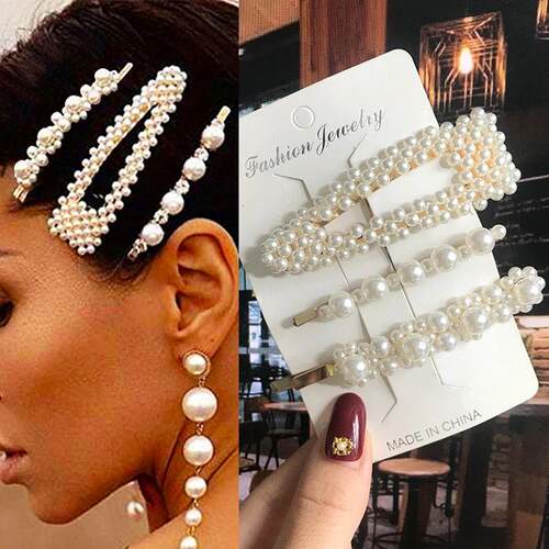 Simulated Pearl Barrettes Beaded Geometric Women Hair Clip H