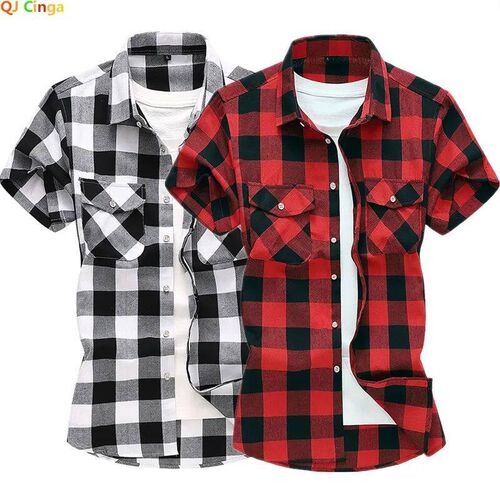 Striped Plaid Short-sleeved Shirt Mens Single-breasted Squa