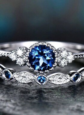 2 PCs Silver-Color Vintage Blue Zircon Ring For Women Fashio
