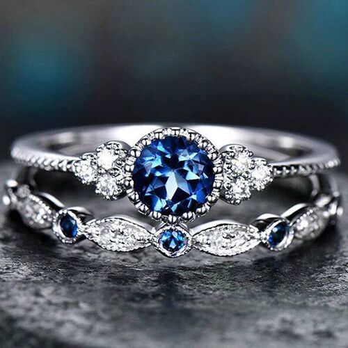 2 PCs Silver-Color Vintage Blue Zircon Ring For Women Fashio