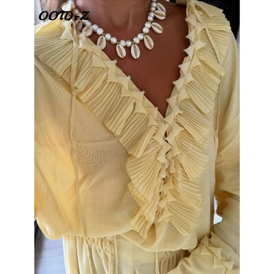 Boho Womens Yellow Ruffles Blouses Chiffon Sheer V-neck Ban