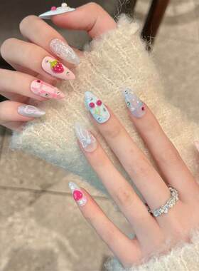 Handmade Press on Nails Ins Sweet Pink Blue Color Fake Nails