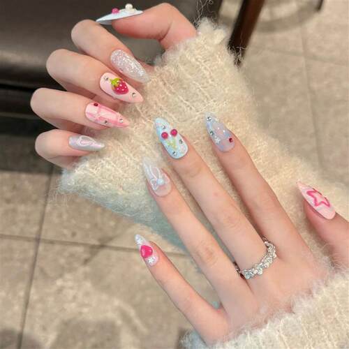 Handmade Press on Nails Ins Sweet Pink Blue Color Fake Nails
