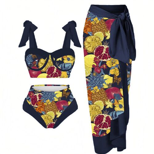 Digital Print Conservative Bikini 3Piece Mesh Long Dress Swi