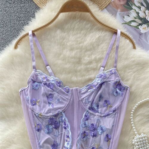 SINGREINY 2023 Floral Embroidery Underwear Top Women Strap B