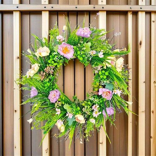 Spring Wreath for Front Door Round Floral Garland for