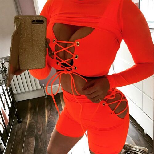 BKLD 3 Piece Set Women Bodycon Orange Crop Top Short Pants S