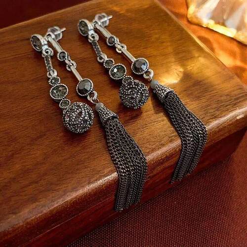 Antique Silver Rhinestone Earring For Women Round Ball Long