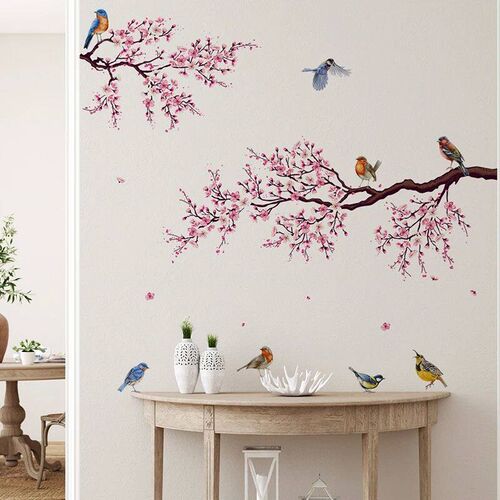 Pink Peach Blossom Flowers Branch Birds Floral Wall ers for