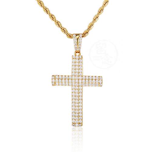 -Rock Hip Hop Set 3AAA Zircon Three Row Full Diamond Cross P