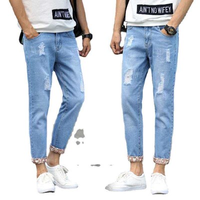 Mens Cropped Jeans Mens Ripped Autumn and Winter Slim-fit
